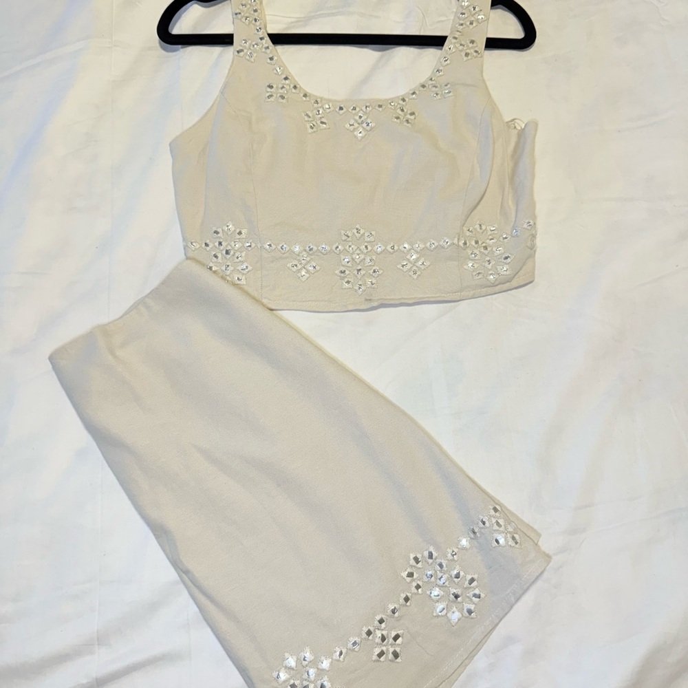Embellished, Embroidered, Mirror work, White Sleeveless Top and Mini skirt set